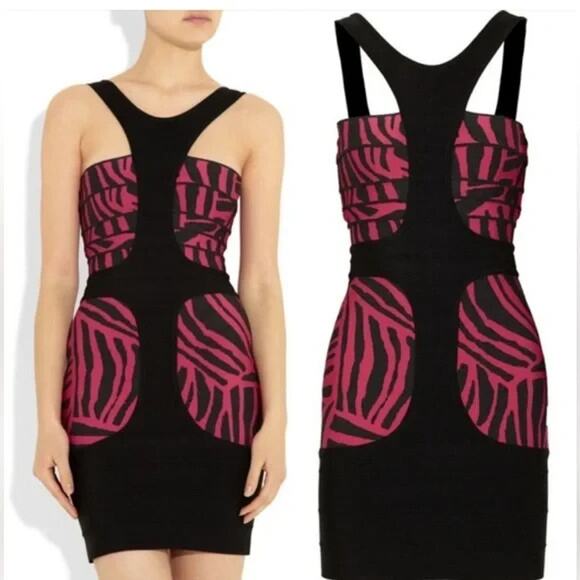 Herve Leger Niva Bandage Dress Size XS Black Pink Animal Print Stretch Cutout - Picture 1 of 11